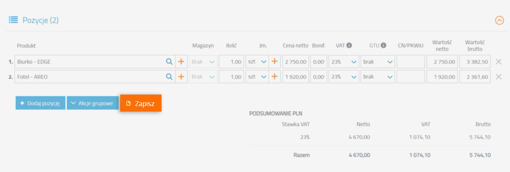 Dokumenty draftowe - pozycje na fakturze