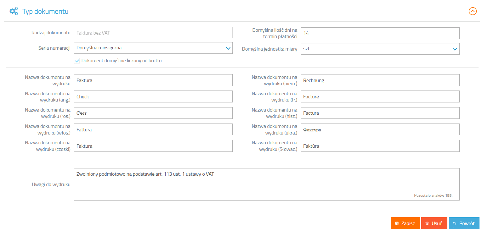 Program do faktur bez VAT - ustawienie wydruku